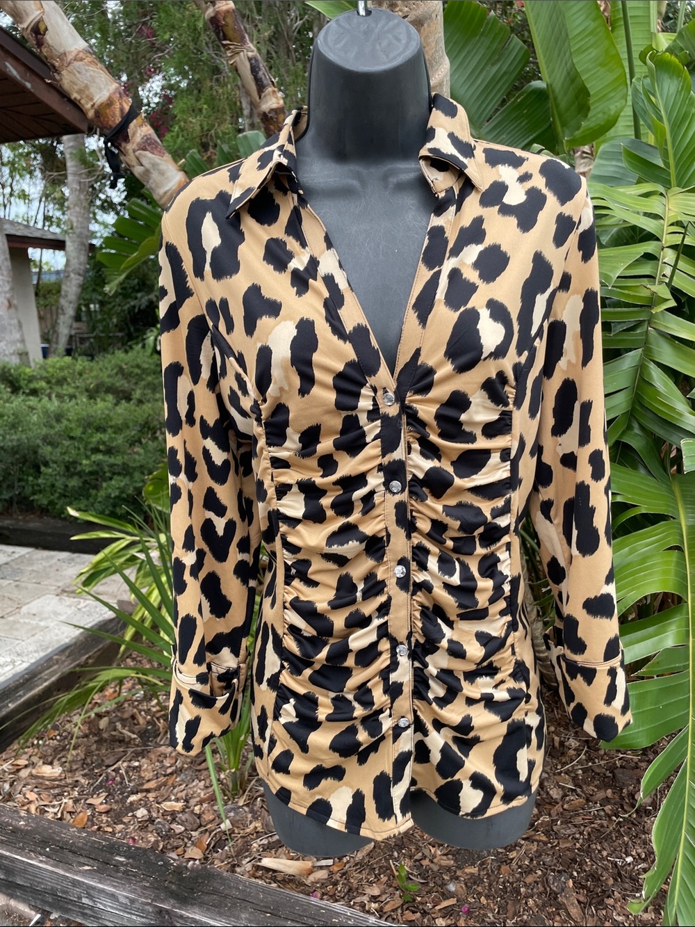 INC leopard print ruched three-quarter slave top with crystal buttons